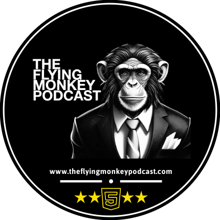 Graphic featuring a monkey in a suit with the text "The Flying Monkey Podcast."
